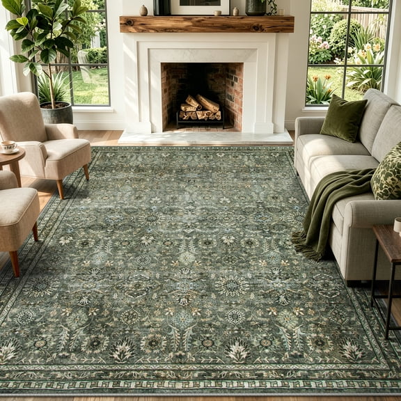 Lahome Large Dark Olive Green Area Rugs, Washable Area Rugs 9x12 Living Room, Boho Bedroom Rug Under Bed, Soft Stain Resistant Non-Shedding Thin Carpet for Dining Room Apartment
