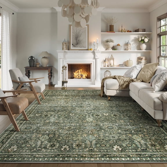 Lahome Large Dark Olive Green Area Rugs, Washable Area Rugs 9x12 Living Room, Boho Bedroom Rug Under Bed, Soft Stain Resistant Non-Shedding Thin Carpet for Dining Room Apartment