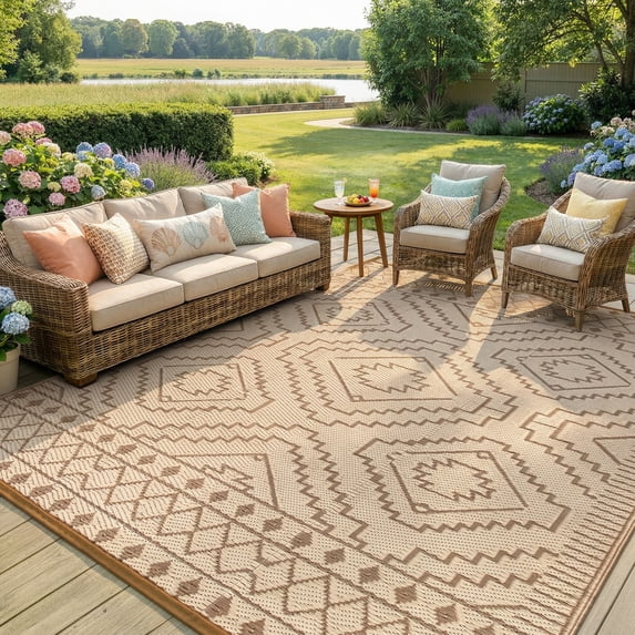 Lahome Lightweight & Waterproof Outdoor Rug 8x10 - Large Reversible Plastic Straw Mat for RV, Beach, Picnic, Camping, Backyard, Balcony, Beige & Brown
