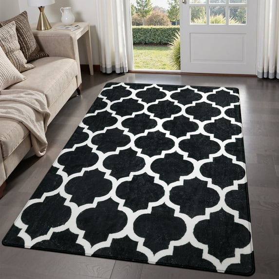 Lahome Moroccan Area Rug 4x6 - Washable Non-Slip Distressed Black Rug, Low Pile Soft Carpet for Living Room, Bedroom, Office and Dorm - Vintage Modern Design