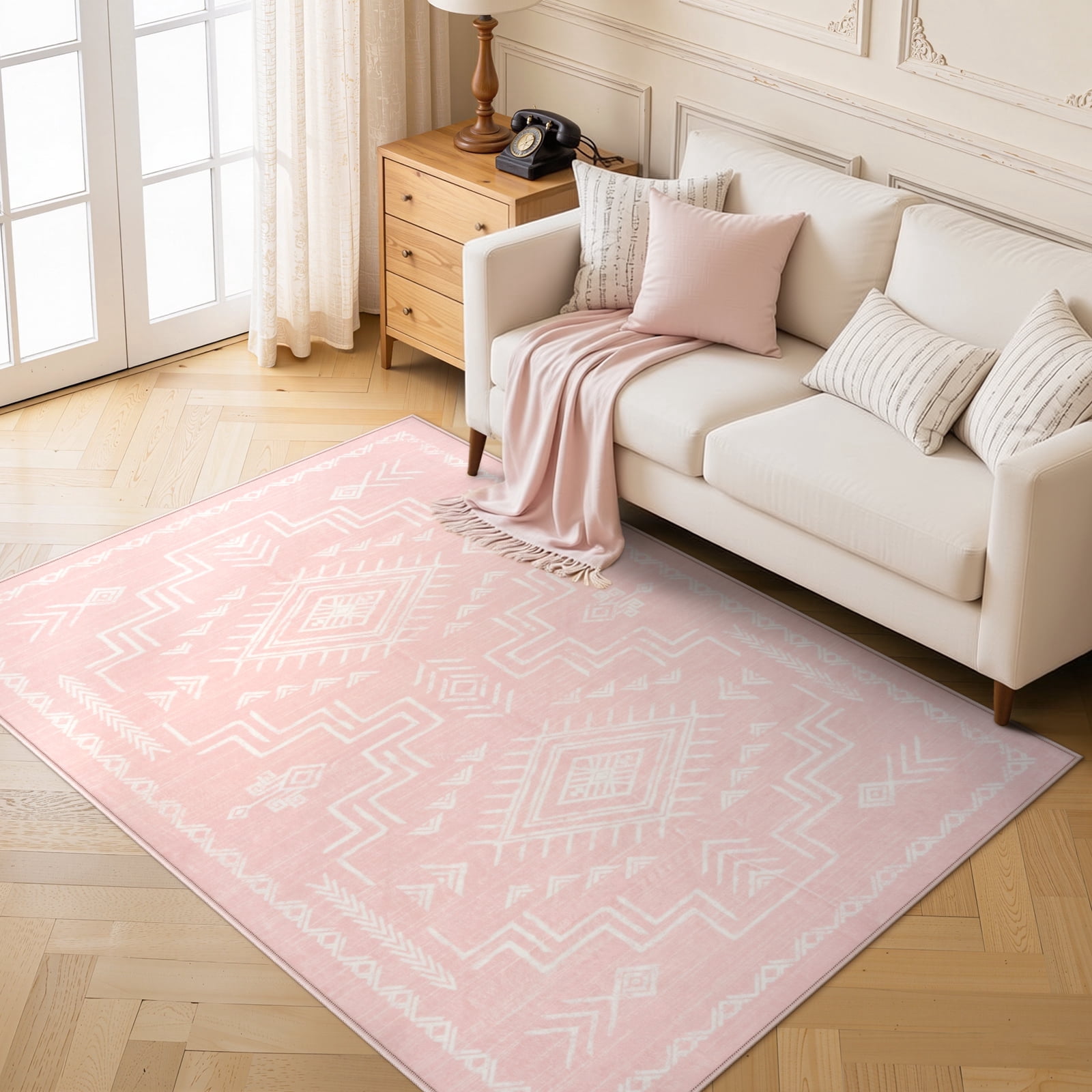 Neautral Color Aztec Rug Lahome Moroccan Washable 5'x7' Area Rug, Pink Rugs for Living Room ...