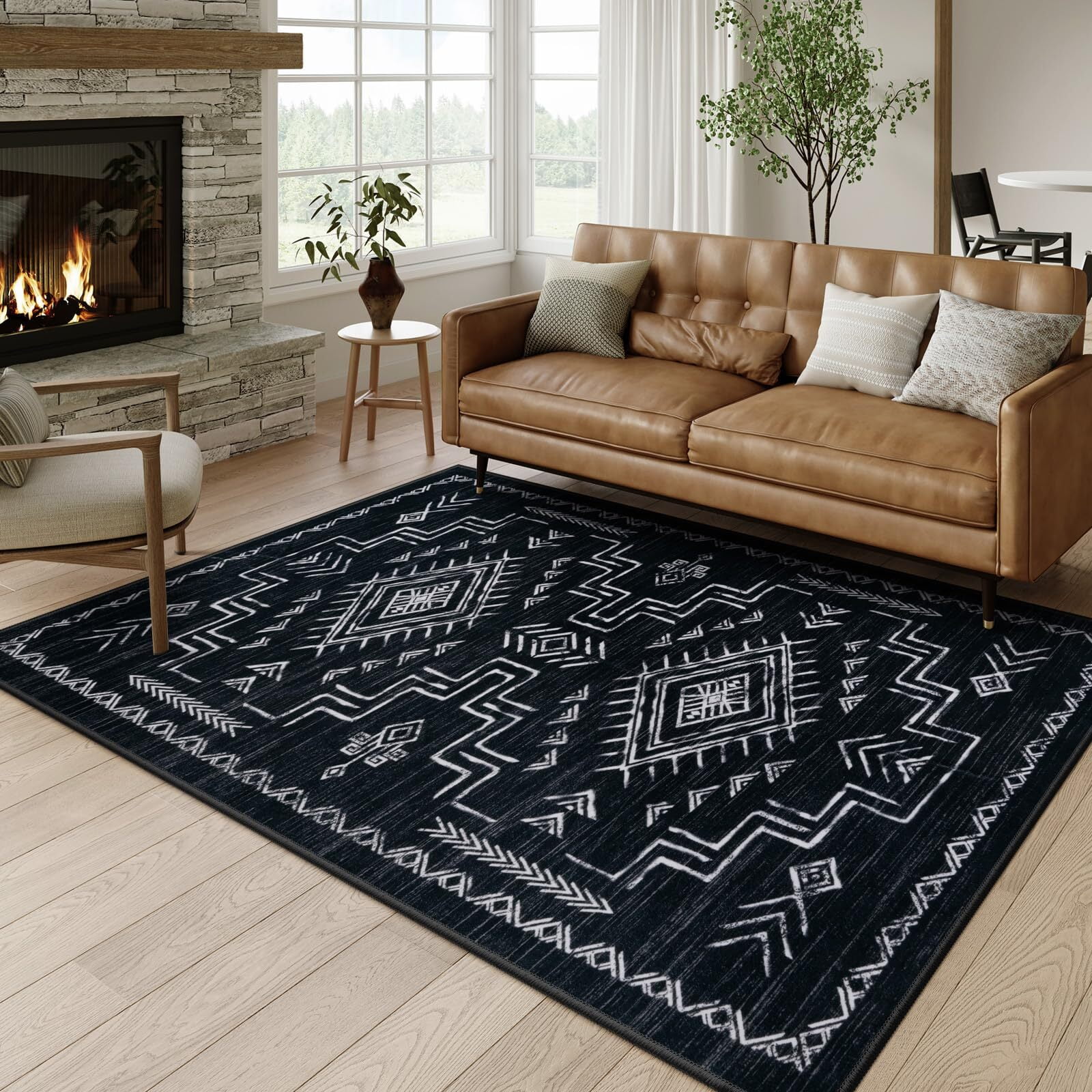 Lahome Moroccan 5x7 Washable Area Rug - Black Western & Aztec Tribal Design, Soft Non-Slip Stain Resistant Carpet for Living Room, Bedroom, Dining Room, and Office