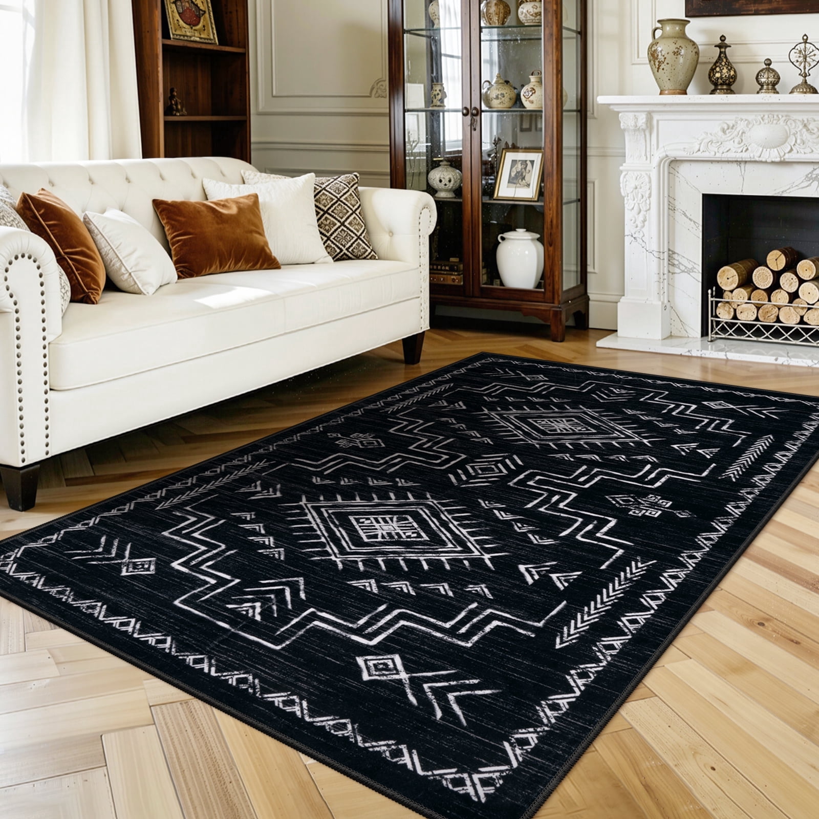Lahome Moroccan Washable 5'x7' Area Rug, Black Rugs for Living Room, Soft Non-Slip Stain Resistant Aztec Tribal Carpet for Bedroom Dining Room Office, Neutral Large Area Rugs, Black