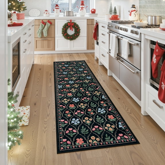 Lahome 2'x6' Moroccan Kitchen Rug 2x6ft Washable Hallway Runner Rug ,Non Slip Boho Runner Rug,Moroccan Area Rugs,Non-Shedding Stain Resistant Kitchen Mat for Entry Bedroom Hallway Black