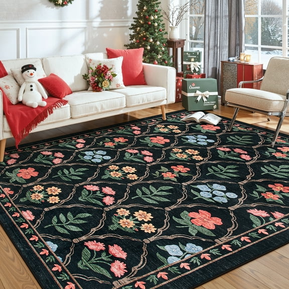 Lahome Decor 5'x7' Moroccan Boho Area Rugs,5x7ft Washable Living Room Rugs,Soft Non Slip Non-Shedding Kitchen Mat Indoor Office Carpet for Bedroom Dining Playroom Nursery Black
