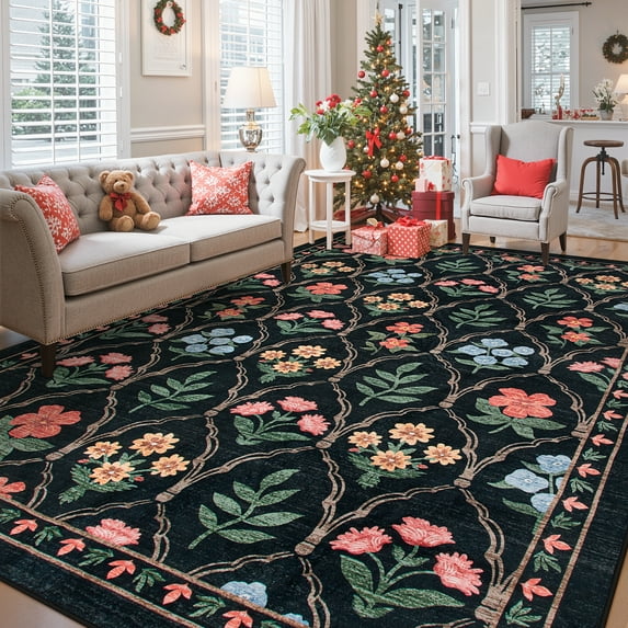 Lahome Decor 8'x10' Moroccan Boho Area Rugs,8x10ft Large Washable Bedroom Rugs,Soft Non Slip Non-Shedding Kitchen Mat Indoor Office Carpet for Living Dining Playroom Nursery Black