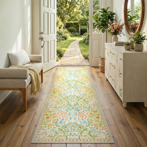 Lahome Washable 2'x6' Floral Runner Rug, Spring Boho Runners for Kitchen Hallway, Non-Slip Soft Ultra Thin Botanical Carpet for Bathroom Laundry Bedroom, Spring Green