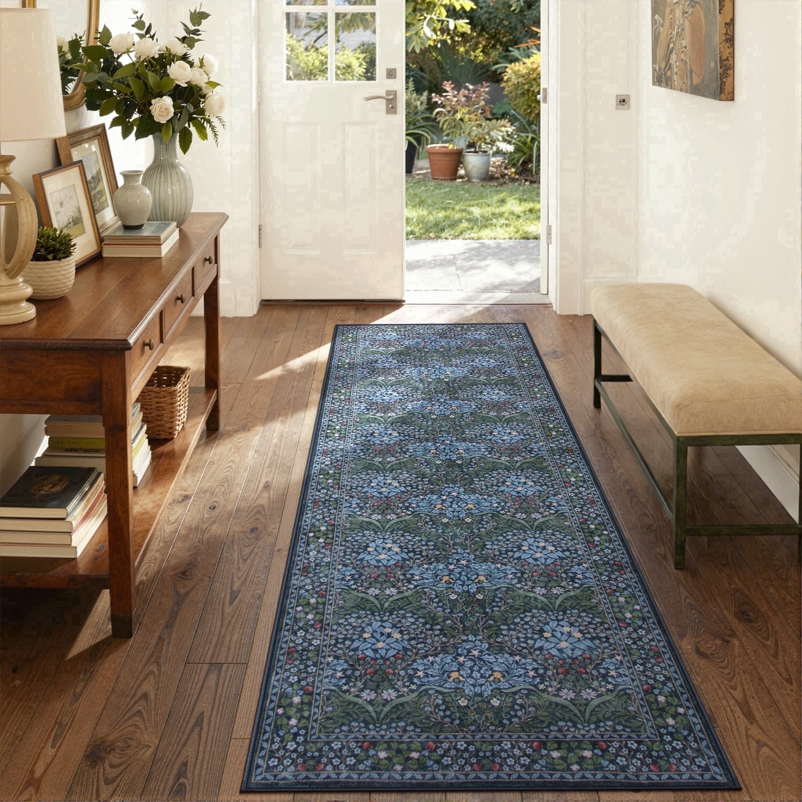 Lahome Washable 2'x6' Floral Runner Rug, Blue Non-Slip Rugs for Hallway, Ultra-Thin Soft Boho Forest Carpet for Kitchen Bathroom Laundry Room Bedroom, Blue