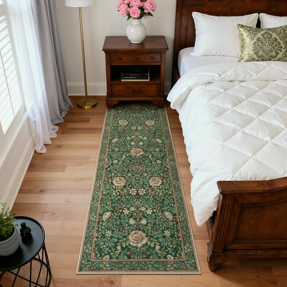 Lahome Non-Slip Washable 2x6 Runner Rug, Boho Floral Botanical Low-Pile Carpet for Kitchen Hallway Bathroom Laundry Room and Entrance, Ultra Thin Soft Mat in Olive Green