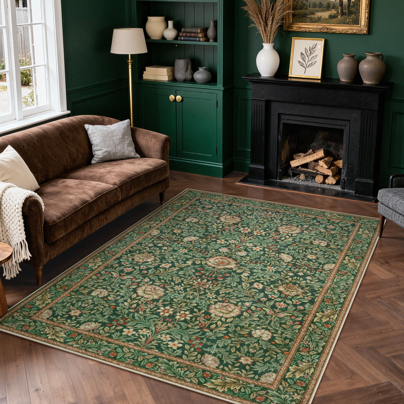 Lahome Non-Slip Washable 5x7 Area Rug, Boho Botanical Low-Pile