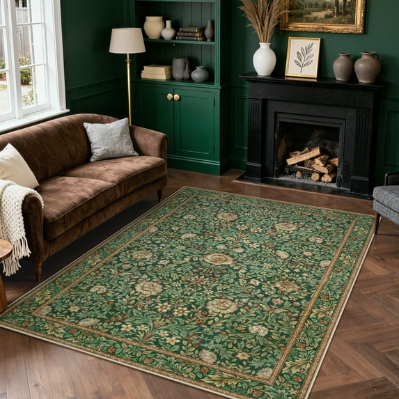 Lahome Non-Slip Washable 5x7 Area Rug, Boho Botanical Low-Pile Carpet for Living Room Dining Room Bedroom and Home Office, Ultra Thin Indoor Mat in Olive Green