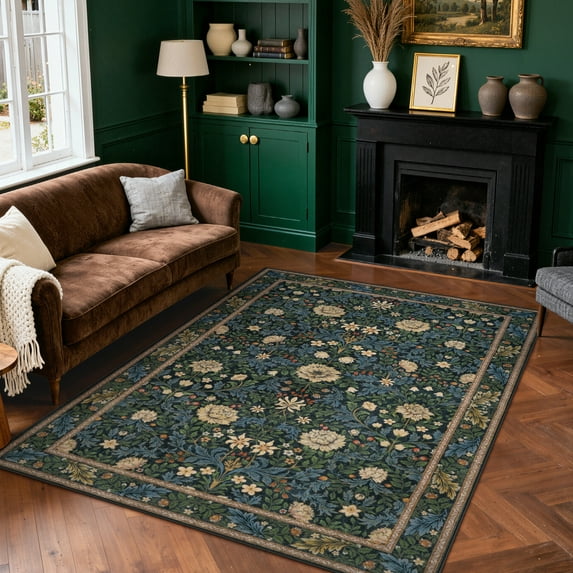 Lahome Non-Slip Washable 5x7 Area Rug, Boho Floral Vintage Low-Pile Carpet for Living Room Bedroom Dining Room and Office, Stain Resistant Soft Indoor Mat in Dark Green/Black