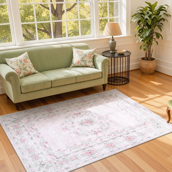 Lahome Washable 5'x7' Area Rug, Light Pink Floral Bow Print Rugs for Living Room, Ultra-Thin Non-Slip Soft Boho Carpet for Bedroom Girls Nursery Kids Room Dorm, Light Pink
