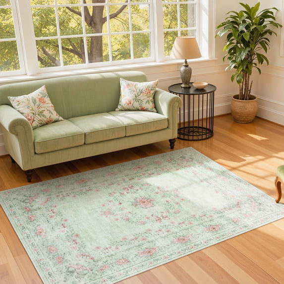 Lahome Washable 5'x7' Area Rug, Sage Green Floral Bow Print Rugs for Living Room, Ultra-Thin Non-Slip Soft Boho Carpet for Dining Room Bedroom Kids Room Playroom, Light Green