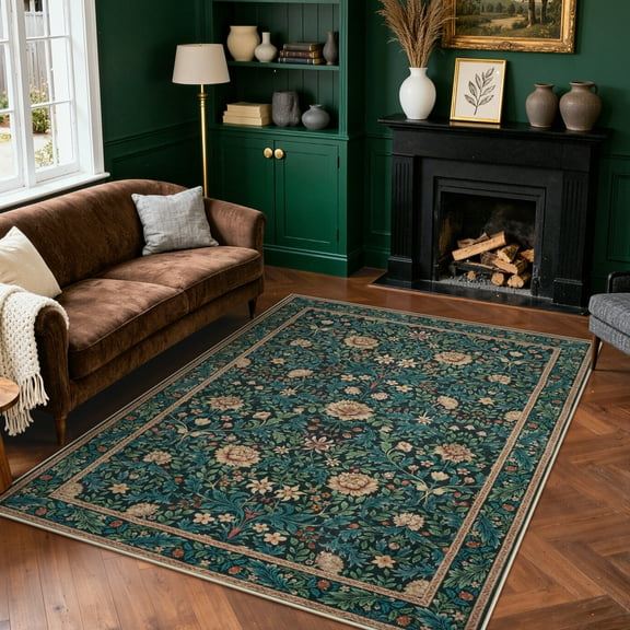 Lahome Non-Slip Washable 5x7 Floral Area Rug, Retro Low-Pile Indoor Throw Carpet for Living Room Bedroom Dining Room Office and Foyer Entryway, Soft Navy Blue Floor Rug Decor