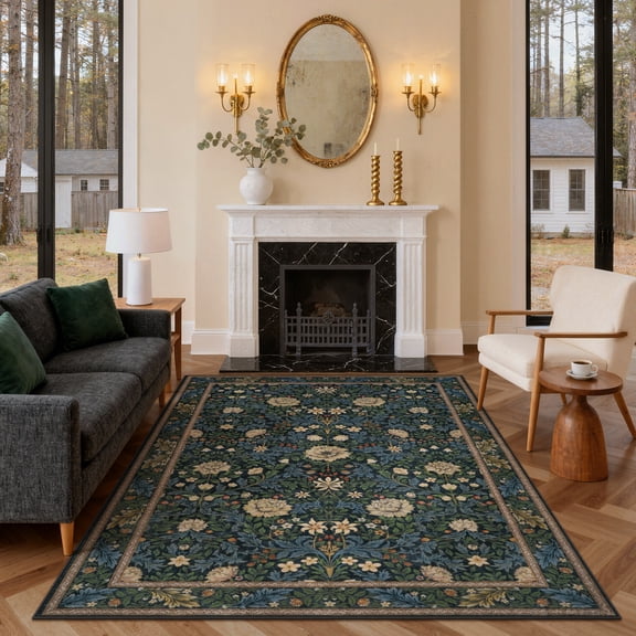Lahome Non-Slip Washable 6x9 Area Rug, Boho Floral Vintage Low-Pile Carpet for Living Room Dining Room Table and Farmhouse Office, Ultra Thin Soft Indoor Mat in Dark Green/Black