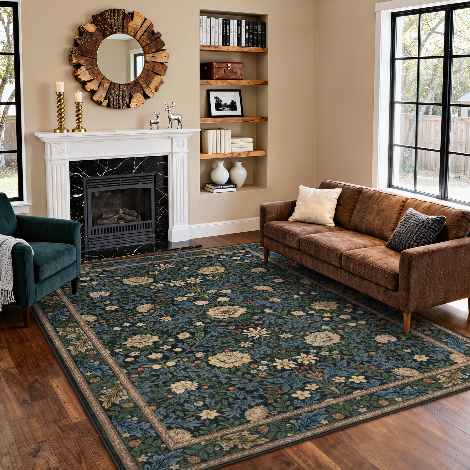 Lahome Non-Slip Washable 8x10 Area Rug, Boho Floral Vintage Low-Pile Carpet for Living Room Bedroom Dining Room and Office, Soft Indoor Mat in Dark Green/Black