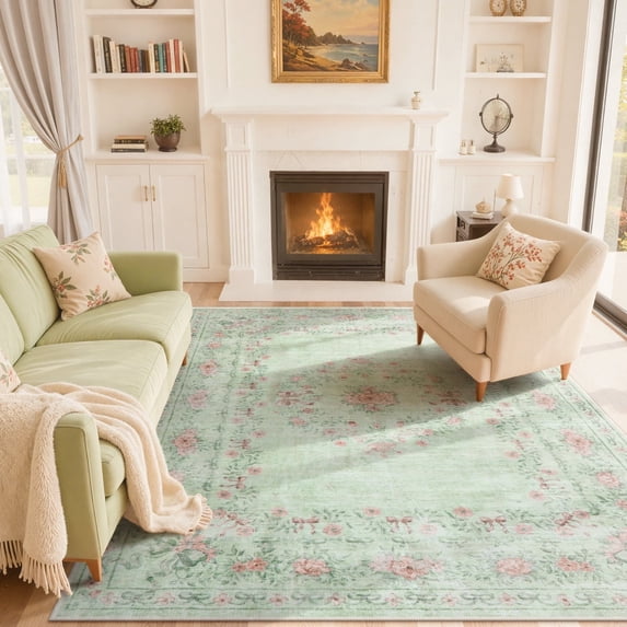 Lahome Washable 8'x10' Area Rug, Sage Green Floral Bow Print Rugs for Living Room, Ultra-Thin Non-Shedding Soft Boho Carpet for Bedroom Dining Room Playroom Dorm, Large Mat, Light Green