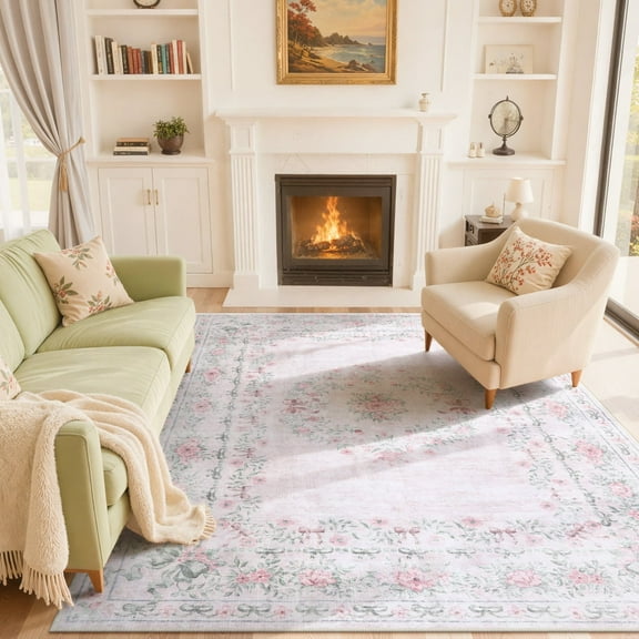 Lahome Non-Slip Washable 8x10 Area Rug, Floral Bow Boho Low-Pile Carpet for Bedroom and Living Room, Ultra-Thin Soft Mat in Light Pink (8x10FT, Light Pink)