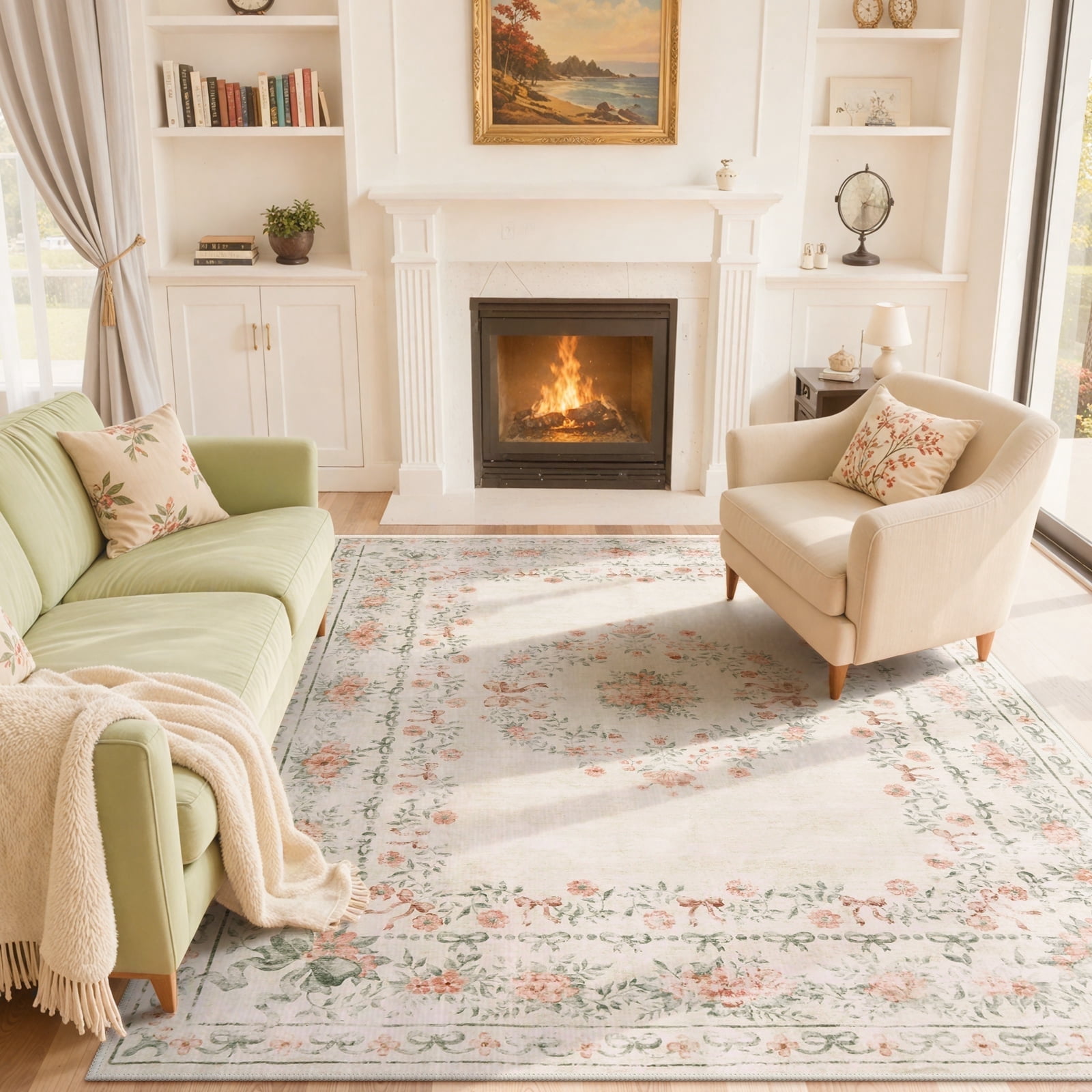 Lahome Washable 8'x10' Area Rug, Beige Floral Bow Print Rugs for Living Room, Non-Slip Ultra-Thin Soft Boho Neutral Carpet for Bedroom Kids Nursery Dorm, Large Mat, Beige