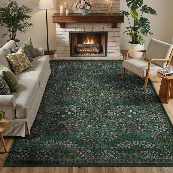 Lahome Non-Slip & Washable Area Rugs 8x10, Dark Green Boho Floral Carpet - Soft Farmhouse Style for Living Room, Office, Dining Room, Bedroom (Dark Green, 8'x10')
