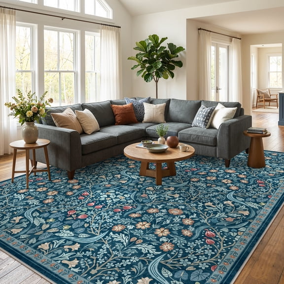 Lahome Washable 8'x10' Area Rug, Teal Floral Rugs for Living Room, Soft Non-Slip Ultra Thin Boho Carpet for Bedroom Dining Room Nursery, Botanical Large Area Rugs, Teal