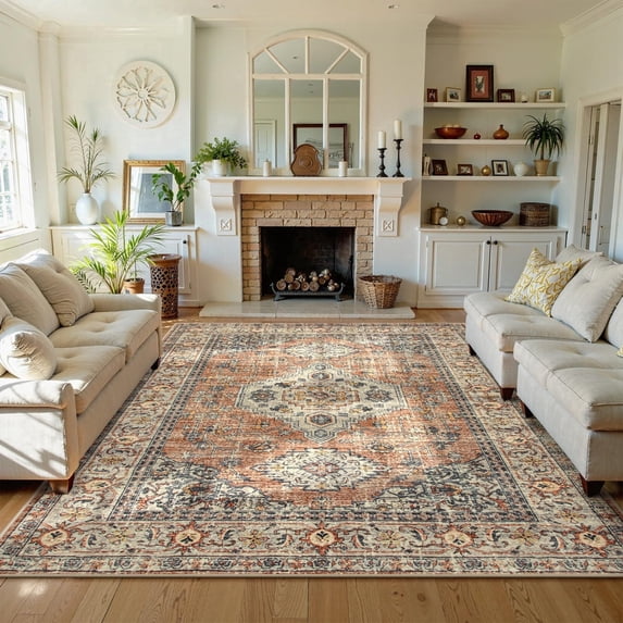 Lahome Oriental 8x10 Washable Area Rug, Vintage Accent Carpet, Stain Resistant Non-Slip Mat for Living Room, Bedroom, Dining Room and Office (Terracotta)