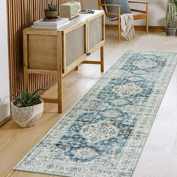 Lahome Oriental Hallway Runner Rug Non Slip, 2x8 Washable Runners for Hallways Kitchen, Vintage Non Skid Soft Long Carpet for Bedroom Bathroom Entryway, Blue