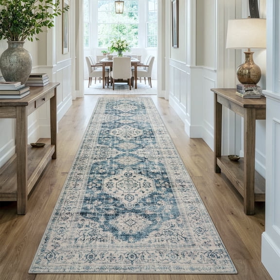 Lahome Oriental Hallway Runner Rug Non Slip, 2x8 Washable Runners for Hallways Kitchen, Vintage Non Skid Soft Long Carpet for Bedroom Bathroom Entryway, Blue