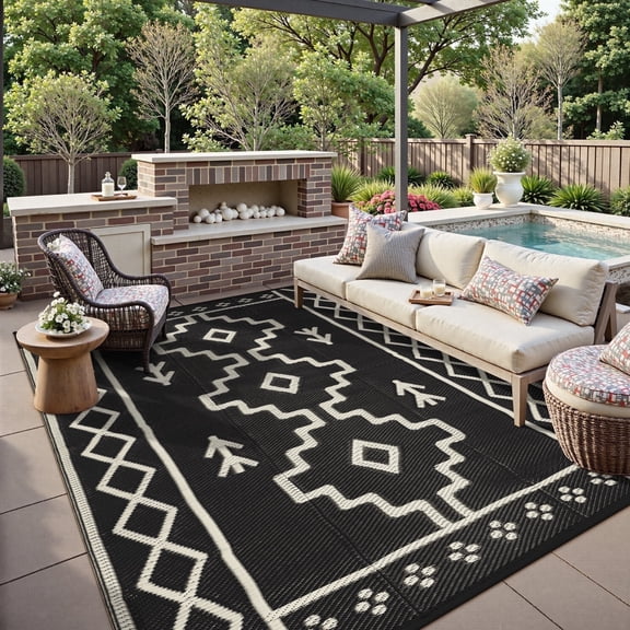 Lahome 5x8 Plastic Straw Outdoor Rug Waterproof, Reversible Black Boho Rugs for Outside, Indoor Outdoor Area Rug for Picnic Patio Balcony