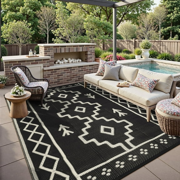 Lahome 5x8 Plastic Straw Outdoor Rug Waterproof, Reversible Black Boho Rugs for Outside, Indoor Outdoor Area Rug for Picnic Patio Balcony