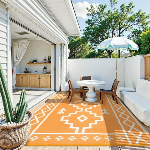 Lahome 6x9 Plastic Straw Outdoor Rug Waterproof, Reversible Orange Boho Rugs for Outside, Large Indoor Outdoor Area Rug for Deck Balcony