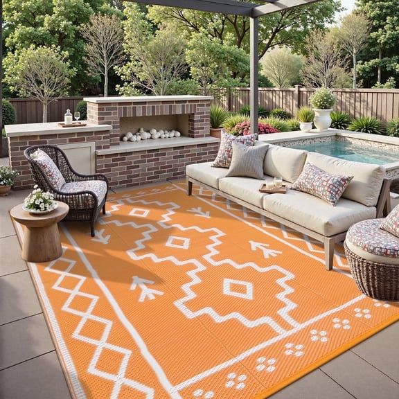 Lahome 8x10 Plastic Straw Outdoor Rug Waterproof, Reversible Orange Boho Rugs for Outside, Large Indoor Outdoor Area Rug for Deck Picnic