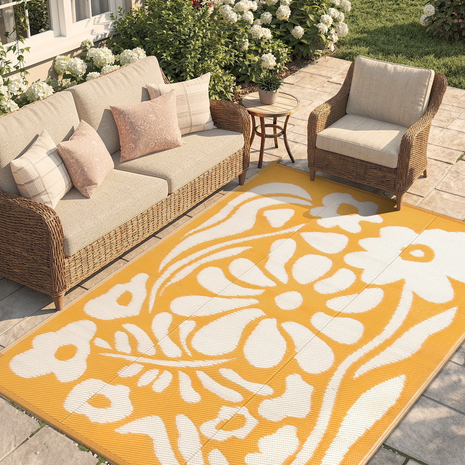Lahome 6'x9' Outdoor Camping Rug - Waterproof Reversible Straw Mat,Abstract Floral Pattern for Camper, Garden & Beach (Orange)