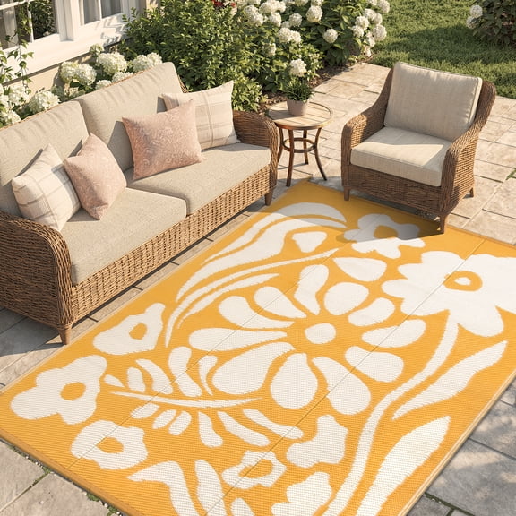 Lahome 6'x9' Outdoor Camping Rug - Waterproof Reversible Straw Mat,Abstract Floral Pattern for Camper, Garden & Beach (Orange)