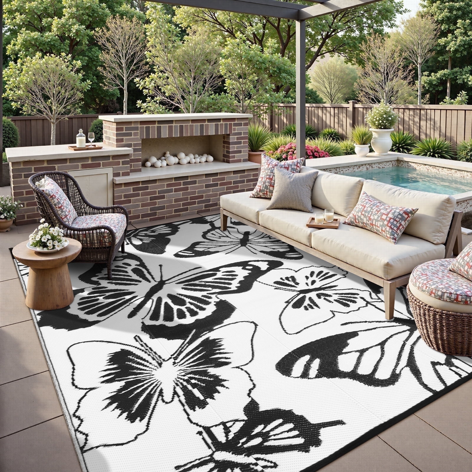Lahome 6x9 Butterfly Outdoor Rug, Large Black&White Waterproof Reversible Patio Rugs, Portable Plastic Straw Carpet for Garden Backyard Beach