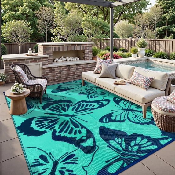 Lahome 9x12 Butterfly Outdoor Rug, Large Green Waterproof Reversible Patio Rugs, Portable Plastic Straw Carpet for Garden Backyard Picnic