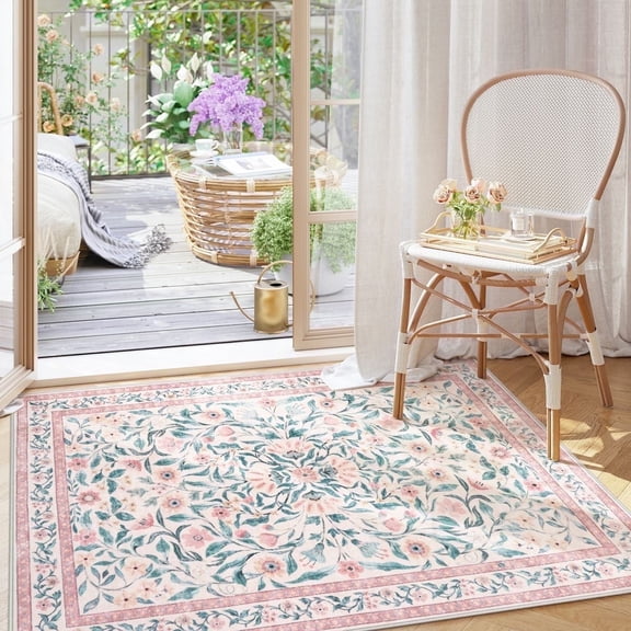 Lahome 5'x7' Floral Washable Rugs for Living Room, Non Slip Pink Girls Bedroom Rug with Rubber Backing, Soft Ultra Thin Carpet for Nursery
