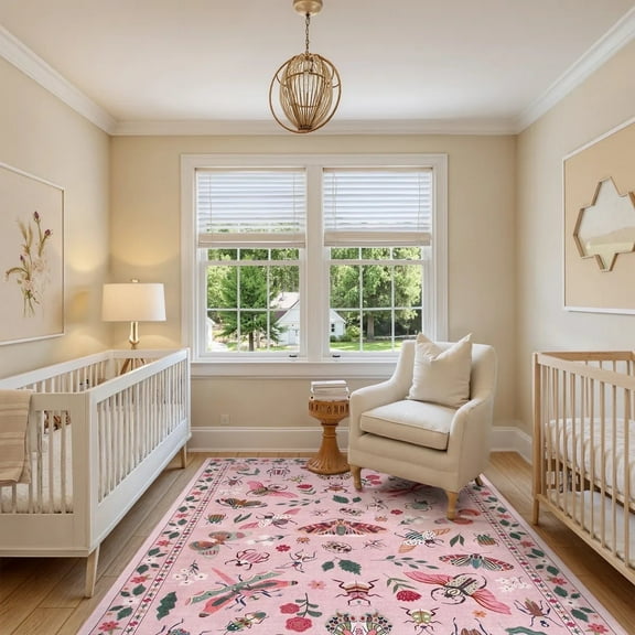 Lahome Pink Washable Insect Rug 5x7, Non Slip Soft Area Rug for Girls Bedroom Nursery, Stain Resistant Thin Carpet for Dining Room Apartment
