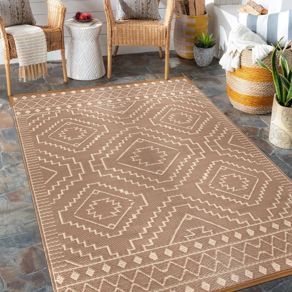 Lahome Portable Indoor/Outdoor Rug 6x9 - Waterproof & Reversible Plastic Straw Mat for Patio, Deck, Balcony, Backyard, Picnic, Beige & Brown