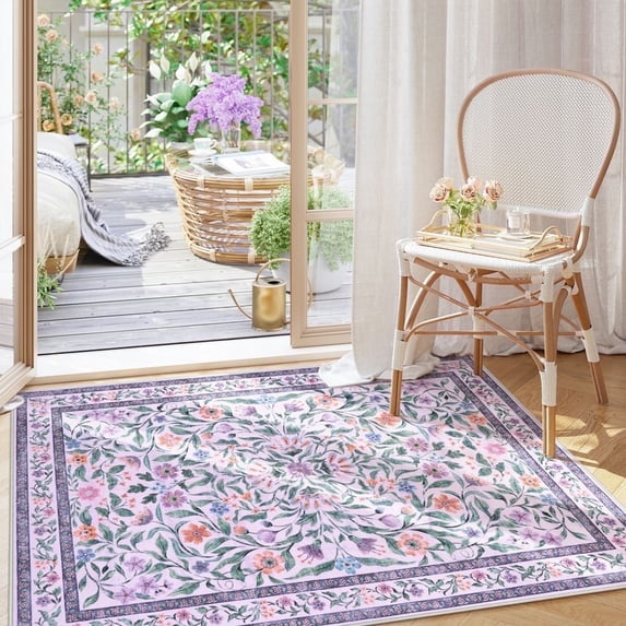 Lahome 5x7 Floral Washable Rug for Living Room,, Non Slip Purple Girls Bedroom Rugs with Rubber Backing, Soft Ultra Thin Carpet for Nursery Playroom