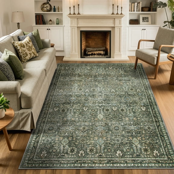 Lahome Sage Green Area Rug 6x9, Machine Washable Rugs for Living Room, Boho Olive Green Bedroom Rug, Vintage Soft Room Carpet for Dining Room Nursery Apartment Office