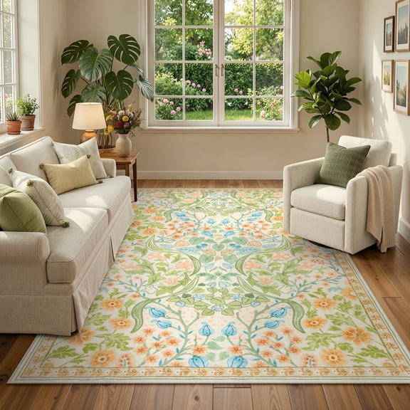 Lahome Washable 5'x7' Area Rug, Spring Floral Rugs for Living Room, Non-Slip Stain Resistant Boho Carpet for Bedroom Dining Room Home Office, Large Flower Area Rugs, Spring Green