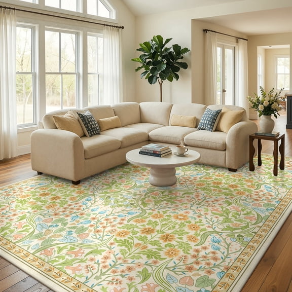 Lahome Washable 8'x10' Area Rug, Spring Floral Rugs for Living Room, Soft Non-Slip Ultra Thin Boho Carpet for Bedroom Dining Room Nursery Office, Large Flower Botanical Area Rugs, Spring Green