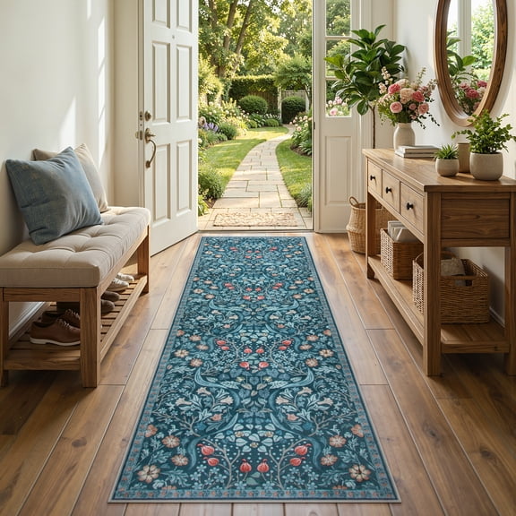Lahome Washable 2'x6' Floral Runner Rug, Teal Boho Runners for Kitchen Hallway, Non-Slip Soft Botanical Carpet for Bathroom Laundry Entryway, Ultra Thin Throw Mat, Teal
