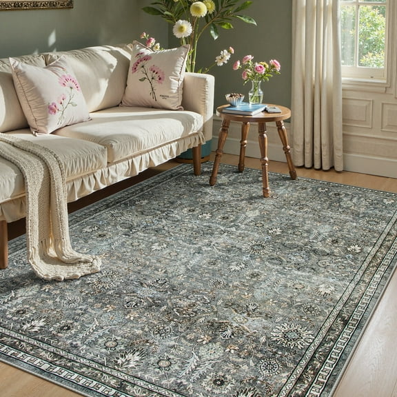 Lahome Vintage 5x7 Area Rugs for Living Room, Washable Boho Bedroom Rug Non Slip Floral Mat, Soft Non Shedding Indoor Carpet for Kitchen Foyer Office, Charcoal Gray