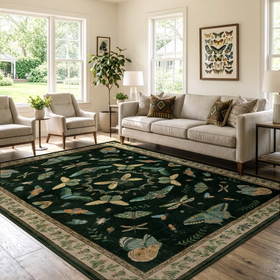 Lahome Vintage Boho Area Rug 8'x10', Dark Green Forest Insect Pattern Washable Rugs for Living Room, Ultra-Thin Non-Slip Soft Carpet for Bedroom Dining Room Playroom Nursery, Large Rugs, Dark Green