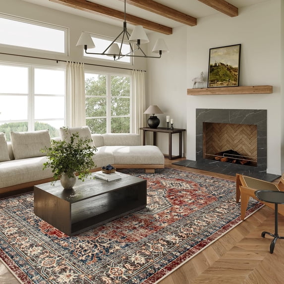 Lahome Vintage Oriental Rug 8x10, Large Washable Area Rugs, Non-Slip & Stain-Resistant, Ultra-Thin Accent Carpet for Living Room, Dining Room, Office, Bedroom (Brick Red)