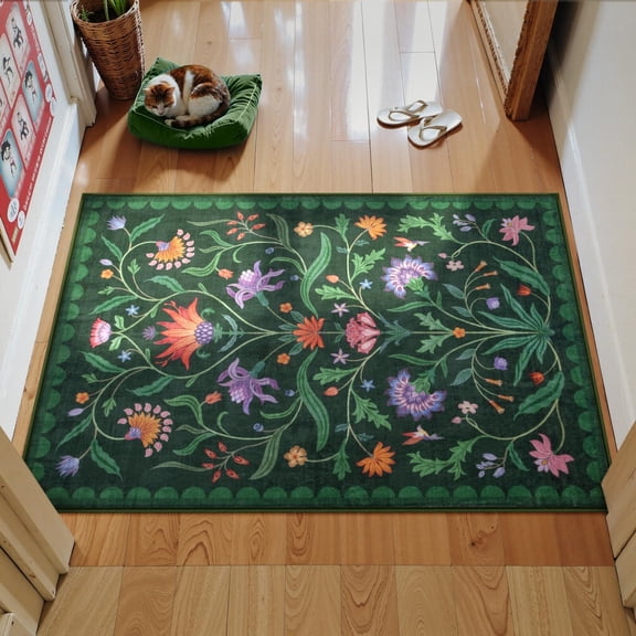 Lahome Washable 2'x3' Boho Floral Area Rug, Forest Green Rugs for Entryway Kitchen, Soft Non-Slip Indoor Carpet for Bathroom Laundry Living Room, Forest Green