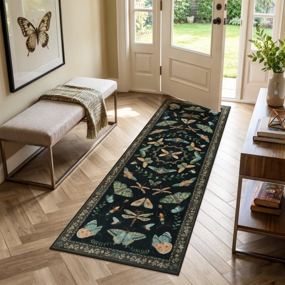 Lahome Washable 2'x6' Vintage Butterfly Runner Rug, Black Boho Botanical Insect Pattern Rugs for Hallway Entryway, Non-Slip Soft Forest Carpet for Bedroom Kitchen, Black